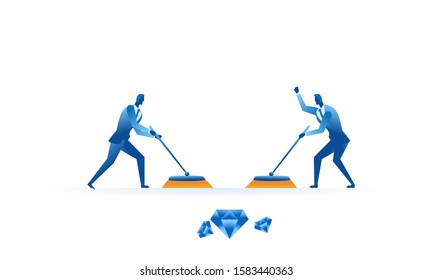 Business work concept illustration about hard work businessman digging diamond treasure profit