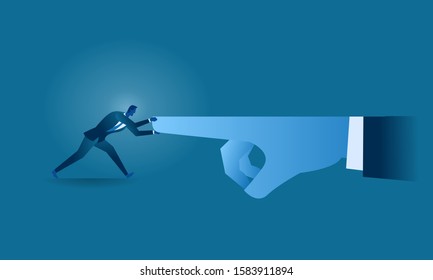 Business work concept illustration about hard work and pressure. Businessman versus big hand pointing