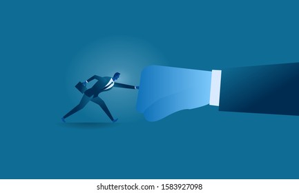Business work concept illustration about hard work and pressure. Businessman versus big hand businessman try to stop pressing