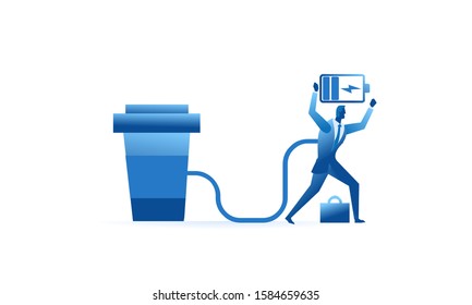 Business work concept illustration about hard work and charge energy with coffee. Vector illustration of a flat design