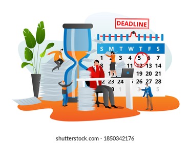 Business work deadline, time management with clock concept vector illustration. Flat professional plan in job, graphic strategy design. People character work for project, control schedule.