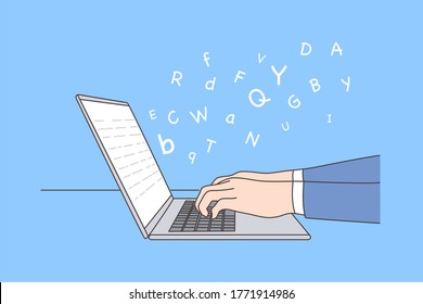 Business, work, education, report, storytelling concept. Human character editor author writer hands typing text narration using laptop. Grammar language learning remotely or sending email illustration