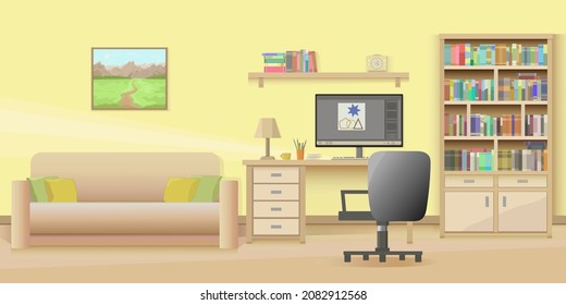 Negocios, trabajo, educación y estudio. Trabajo y estudio a distancia. Imagen vectorial de una oficina en casa con un escritorio, un ordenador, libros, una biblioteca y un sofá sobre un fondo amarillo. Carteles en vector.