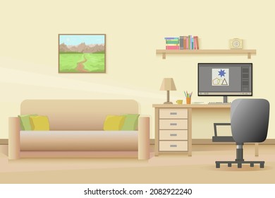 Negocios, trabajo, educación y estudio. Trabajo y estudio a distancia. Imagen vectorial de una oficina en casa con escritorio, computadora, libros y sofá en un fondo amarillo. Carteles en vector.
