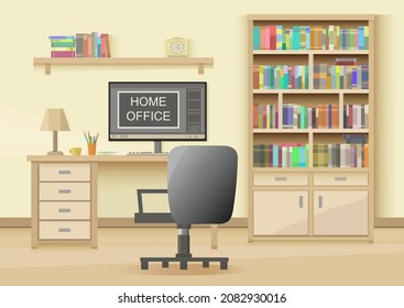 Business, work, education and study. Remote work and study. A vector image of a home office with a desk, a computer, books, a bookcase on a yellow background. Vector illustration.