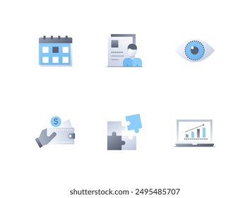 Business and work - flat design style icons set. High quality colorful images of calendar with an event, employee with documents, eye, wallet with money, puzzle and performance graph on a laptop