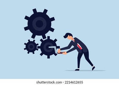 Business Work Flow, Leadership To Drive Team And Initiate Productivity. Smart Businessman Manager Use All His Power And Skill To Rotate Group Of Cogwheels Gear.