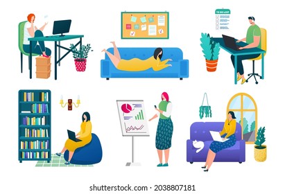 Business work at home set, vector illustration, man woman character use computer, isolated on white collection with remote job, freelancer