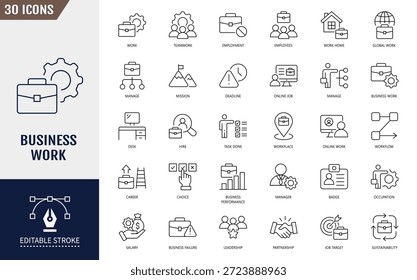 Conjunto de ícones de trabalho comercial. Negócios, trabalho, corporativos, empresa, gerenciamento, trabalho em equipe e muito mais. Traçado editável. Ilustração vetorial