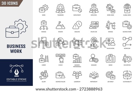 Business work icon set. Business, working, corporate, company, management, teamwork and more. Editable stroke. Vector illustration