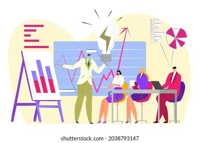 Reunión de trabajo de negocios con grafo, ilustración vectorial, trabajo en equipo en la oficina, sentado en la mesa de personajes de personas planas, organigrama de la dirección, estrategia