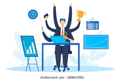 Business work multi task concept vector illustration. Cartoon businessman character with multitasking and multi skill sitting at office table, working and holding key, golden trophy isolated on white