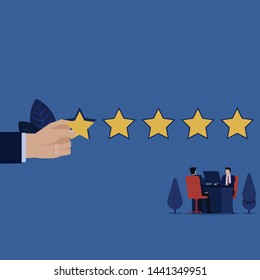 Business work on desk with client and gave five stars for review. Illustration For Wallpaper, Banner, Background, Book Illustration, And Web Landing Page.