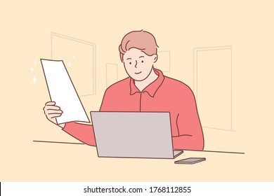 Business, work, online, freelance concept. Young happy man manager, boy freelancer character working on laptop at office and holding report. Remote job at home or contract signing process illustration