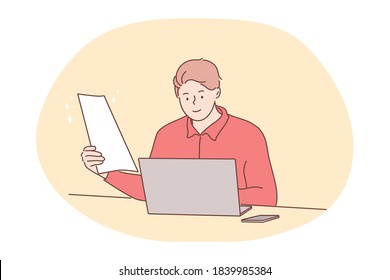 Business, work, online, freelance, recruitment concept. Man manager freelancer cartoon character working on laptop at office holding report or resume. Remote job at home web consultation illustration.