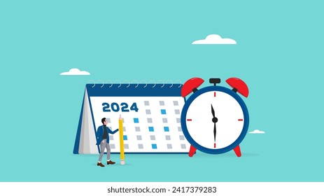 business or work planning with time management, reminders of events or business meetings, arrange meeting schedules, businessman holding pencil planning work schedule on calendar with alarm clock