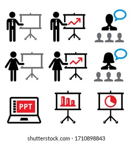 Business work presentation, lecture, people giving a speech vector icons set

Businessman, businesswoman doing a presentation on whiteboard, in icons set isolated on white