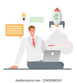 Business work in progress illustration concept. Office man character vector design. Business people working in office planning, thinking and economic analysis on isolated white background.