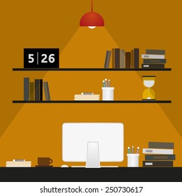 business work space at night illustration, vector