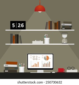 business work space at night illustration, vector