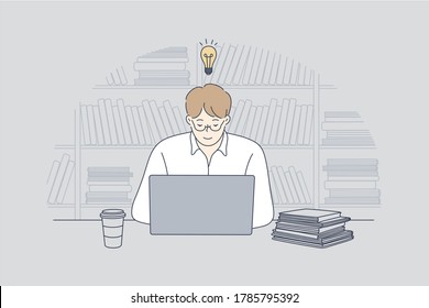 Negocio, trabajo, éxito, pensamiento, problema, negocio, concepto freelance. Joven hombre de negocios estudiante independiente estudiando en la biblioteca en laptop teniendo idea. Logro de objetivos y conocimientos de inteligencia.