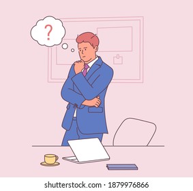 Business, work, success, thought, problem concept. Pensive businessman with thought bubbles overhead