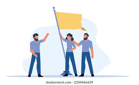 Business work target with flag person vector illustration concept background. Success businessman with team. Career man growth strategy communication. Office center cooperation banner challenge