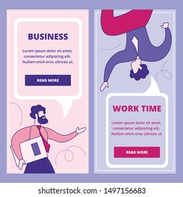 Business and Work Time Flat Vector Vertical Web Banners or Landing Pages Templates Set. Talking Businessmen, Communicating Male Entrepreneurs, Chatting Company Employees Illustration with Speak Bubble