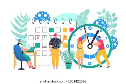 Business work with time management clock concept, vector illustration. Flat people man woman character use schedule for project plan. Success office team near huge watch design background.