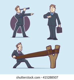 business work time set, people delay, businessman in slingshot, funny cartoon character, vector illustration, office people, searching for opportunities, poses, start up