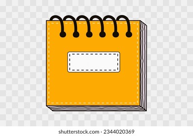 Libro de trabajo, bloc de notas, planificador de oficina. Diario de papel para notas cortas, diario, eventos de planificación. Libro de bocetos amarillo, papelería de oficina. Carpeta con documentos, pila de páginas, reserva de recortes. Vector.