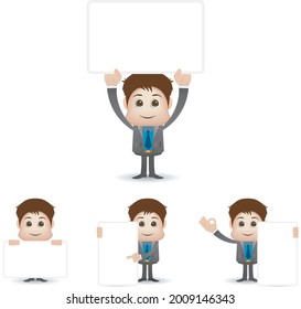 business worker character holding blank banner in many pose