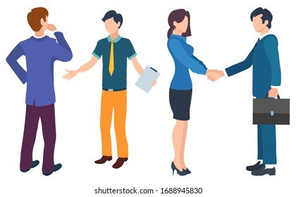 Business worker characters flat style vector, isolated partners boss and assistant. Man and woman handshake of businessman with case and businesslady