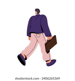 Business worker hurry goes to work back view. Employee rushing in office. Busy man carrying briefcase. Businessman in formal clothes walking. Flat isolated vector illustration on white background