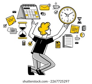 Business worker planning tasks and create time management vector outline illustration, productivity multitask prioritization, deadline and zero hour.