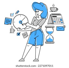 Business worker planning tasks and create time management vector outline illustration, productivity multitask prioritization, deadline and zero hour.