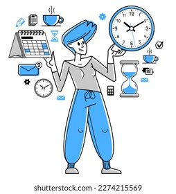 Business worker planning tasks and create time management vector outline illustration, productivity multitask prioritization, deadline and zero hour.