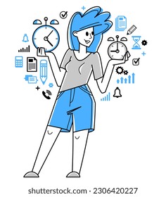 Business worker planning tasks and create time management vector outline illustration, productivity multitask prioritization, deadline and zero hour.