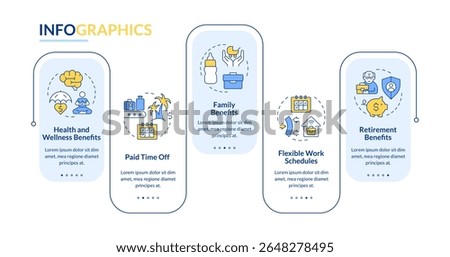 Business workers benefits rectangle infographic vector. Paid vacation, health benefits. Data visualization with 5 steps. Editable rectangular options chart