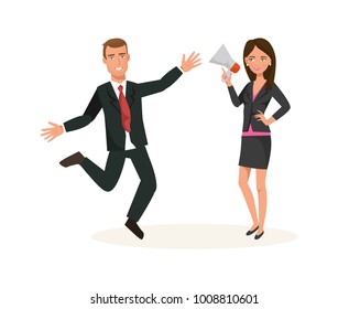 Business workers cartoon character person. Office workers in office clothes, with speaker, conference, bring data, information to audience, engaged marketing and advertising. Vector illustration.