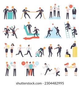 Business Workers Characters Engaged in Professional Career Competition Vector Set