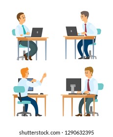 Business workers at desktops with laptops vector. Office clerks in shirts and ties, typing on computer keyboard, manager or secretary isolated characters