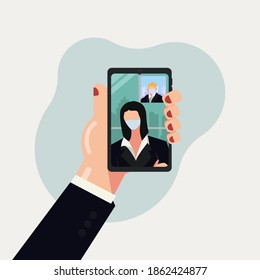 Business workers or entrepreneur wearing face mask video call vector Illustration