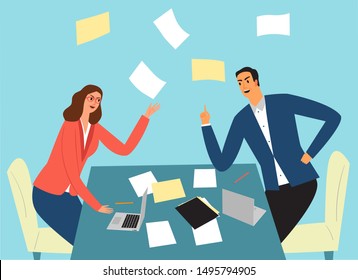 Business workers in suits at the table in the office debating and fighting. Negotiation conflict illustration for your design. 
