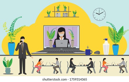 Business Workflow Concept, Laptop, People At Work, Social Distancing Concept, Prevention Of Coronavirus, Working Late, Overtime Office Works And Computer Worker, Flat Vector, India Stock Illustration