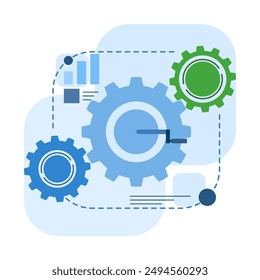 Concepto de flujo de trabajo empresarial, engranajes del proceso de trabajo, elementos infográficos, gráfico con flechas y ruedas, productividad y eficiencia del proceso de trabajo, grupo de engranajes giratorios. liderazgo para mover el equipo.