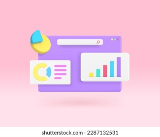 Business workflow data analyzing bar graph diagram internet browser 3d icon realistic vector illustration. Marketing research financial report statistical analysis work process productivity efficient