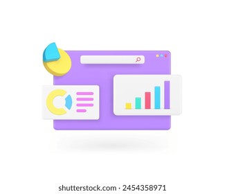 Business workflow data analyzing bar graph diagram internet browser 3d icon realistic vector illustration. Marketing research financial report statistical analysis work process productivity efficient