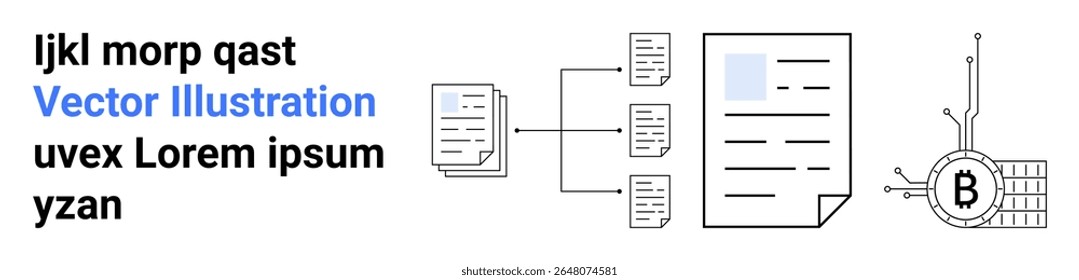 Diagrama de fluxo de trabalho comercial apresentando elementos textuais, documentos e um gráfico conectado a um símbolo Bitcoin. Ideal para serviços financeiros, gerenciamento de dados, blockchain, transações digitais, fintech