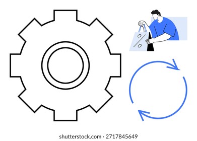 Fluxo de trabalho de negócios, comércio eletrônico, sustentabilidade, hábitos de consumo, otimização de processos, economia circular. Símbolo da engrenagem, pessoa segurando as setas curvas do saco de compras. Otimização de processos e comércio eletrônico
